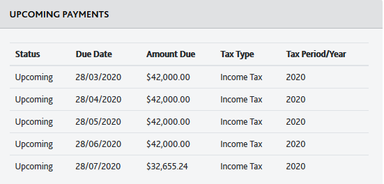 UPCOMING PAYMENTS 
$42,000.00 
$42,000.00 
$42,000.00 
$42,000.00 
$32,655.24 
Tax 
Income Tax 
Income Tax 
Income Tax 
Income Tax 
Income Tax 
Tax Period/Yeu 
Upcoming 
Upcoming 
Upcoming 
Upcoming 
Upcoming 
28/03/2020 
28/04/2020 
28/05/2020 
28/06/2020 
28/07/2020 